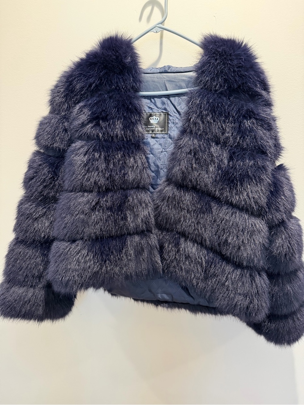 Plush Cropped Faux Fur Jacket hoodie- Navy